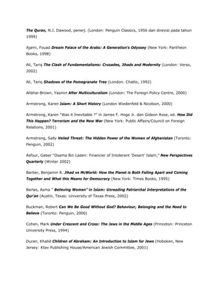 The Quran, N.J. Dawood, penerj. (London: Penguin Classics, 1956 dan direvisi pada tahun
1999)
Ajami, Fouad Dream Palace of the Arabs: A Generation’s Odyssey (New York: Pantheon
Books, 1998)
Ali, Tariq The Clash of Fundamentalisms: Crusades, Jihads and Modernity (London: Verso,
2002)
Ali, Tariq Shadows of the Pomegranate Tree (London: Chatto, 1992)
Alibhai-Brown, Yasmin After Multiculturalism (London: The Foreign Policy Centre, 2000)
Armstrong, Karen Islam: A Short History (London Wiedenfeld & Nicolson, 2000)
Armstrong, Karen “Was it Inevitable ?” in James F. Hoge Jr. dan Gideon Rose, ed. How Did
This Happen? Terrorism and the New War (New York: Public Affairs/Council on Foreign
Relations, 2001)
Armstrong, Sally Veiled Threat: The Hidden Power of the Women of Afghanistan (Toronto:
Penguin, 2002)
Asfour, Gaber “Osama Bin Laden: Financier of Intolerant ‘Desert’ Islam,” New Perspectives
Quarterly (Winter 2002)
Barber, Benjamin R. Jihad vs McWorld: How the Planet is Both Falling Apart and Coming
Together and What this Means for Democracy (New York: Times Books, 1995)
Barlas, Asma “ Believing Women” in Islam: Unreading Patriarchal Interpretations of the
Qur’an (Austin, Texas: University of Texas Press, 2002)
Buckman, Robert Can We Be Good Without God? Behaviour, Belonging and the Need to
Believe (Toronto: Penguin, 2000)
Cohen, Mark Under Crescent and Cross: The Jews in the Middle Ages (Princeton: Princeton
University Press, 1994)
Duran, Khalid Children of Abraham: An Introduction to Islam for Jews (Hoboken, New
Jersey: Ktav Publishing House/American Jewish Committee, 2001)
 