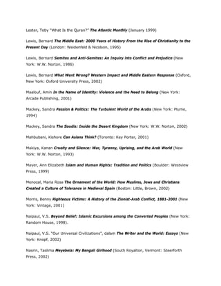 Lester, Toby “What Is the Quran?” The Atlantic Monthly (January 1999)
Lewis, Bernard The Middle East: 2000 Years of History From the Rise of Christianity to the
Present Day (London: Weidenfeld & Nicolson, 1995)
Lewis, Bernard Semites and Anti-Semites: An Inquiry into Conflict and Prejudice (New
York: W.W. Norton, 1986)
Lewis, Bernard What Went Wrong? Western Impact and Middle Eastern Response (Oxford,
New York: Oxford University Press, 2002)
Maalouf, Amin In the Name of Identity: Violence and the Need to Belong (New York:
Arcade Publishing, 2001)
Mackey, Sandra Passion & Politics: The Turbulent World of the Arabs (New York: Plume,
1994)
Mackey, Sandra The Saudis: Inside the Desert Kingdom (New York: W.W. Norton, 2002)
Mahbubani, Kishore Can Asians Think? (Toronto: Key Porter, 2001)
Makiya, Kanan Cruelty and Silence: War, Tyranny, Uprising, and the Arab World (New
York: W.W. Norton, 1993)
Mayer, Ann Elizabeth Islam and Human Rights: Tradition and Politics (Boulder: Westview
Press, 1999)
Menocal, Maria Rosa The Ornament of the World: How Muslims, Jews and Christians
Created a Culture of Tolerance in Medieval Spain (Boston: Little, Brown, 2002)
Morris, Benny Righteous Victims: A History of the Zionist-Arab Conflict, 1881-2001 (New
York: Vintage, 2001)
Naipaul, V.S. Beyond Belief: Islamic Excursions among the Converted Peoples (New York:
Random House, 1998).
Naipaul, V.S. “Our Universal Civilizations”, dalam The Writer and the World: Essays (New
York: Knopf, 2002)
Nasrin, Taslima Meyebela: My Bengali Girlhood (South Royalton, Vermont: Steerforth
Press, 2002)
 