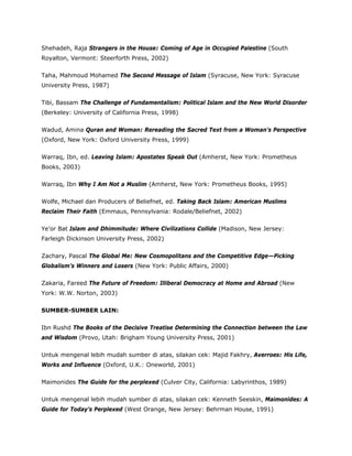 Shehadeh, Raja Strangers in the House: Coming of Age in Occupied Palestine (South
Royalton, Vermont: Steerforth Press, 2002)
Taha, Mahmoud Mohamed The Second Message of Islam (Syracuse, New York: Syracuse
University Press, 1987)
Tibi, Bassam The Challenge of Fundamentalism: Political Islam and the New World Disorder
(Berkeley: University of California Press, 1998)
Wadud, Amina Quran and Woman: Rereading the Sacred Text from a Woman’s Perspective
(Oxford, New York: Oxford University Press, 1999)
Warraq, Ibn, ed. Leaving Islam: Apostates Speak Out (Amherst, New York: Prometheus
Books, 2003)
Warraq, Ibn Why I Am Not a Muslim (Amherst, New York: Prometheus Books, 1995)
Wolfe, Michael dan Producers of Beliefnet, ed. Taking Back Islam: American Muslims
Reclaim Their Faith (Emmaus, Pennsylvania: Rodale/Beliefnet, 2002)
Ye’or Bat Islam and Dhimmitude: Where Civilizations Collide (Madison, New Jersey:
Farleigh Dickinson University Press, 2002)
Zachary, Pascal The Global Me: New Cosmopolitans and the Competitive Edge—Picking
Globalism’s Winners and Losers (New York: Public Affairs, 2000)
Zakaria, Fareed The Future of Freedom: Illiberal Democracy at Home and Abroad (New
York: W.W. Norton, 2003)
SUMBER-SUMBER LAIN:
Ibn Rushd The Books of the Decisive Treatise Determining the Connection between the Law
and Wisdom (Provo, Utah: Brigham Young University Press, 2001)
Untuk mengenal lebih mudah sumber di atas, silakan cek: Majid Fakhry, Averroes: His Life,
Works and Influence (Oxford, U.K.: Oneworld, 2001)
Maimonides The Guide for the perplexed (Culver City, California: Labyrinthos, 1989)
Untuk mengenal lebih mudah sumber di atas, silakan cek: Kenneth Seeskin, Maimonides: A
Guide for Today’s Perplexed (West Orange, New Jersey: Behrman House, 1991)
 