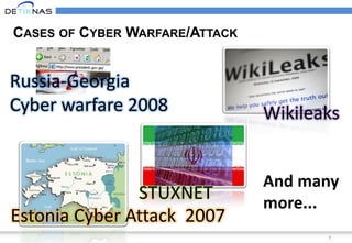 7
CASES OF CYBER WARFARE/ATTACK
STUXNET
Wikileaks
Estonia Cyber Attack 2007
Russia-Georgia
Cyber warfare 2008
And many
more...
 