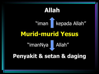 Allah

       “iman   kepada Allah”

  Murid-murid Yesus
    “imanNya   Allah”

Penyakit & setan & daging
 