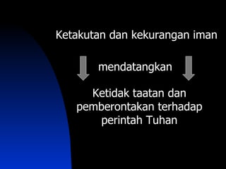 Ketakutan dan kekurangan iman

       mendatangkan

     Ketidak taatan dan
   pemberontakan terhadap
       perintah Tuhan
 