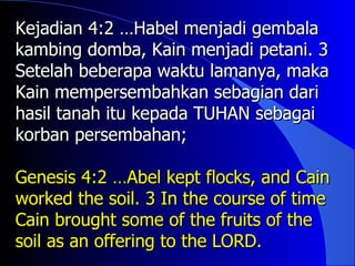 Kejadian 4:2 …Habel menjadi gembala
kambing domba, Kain menjadi petani. 3
Setelah beberapa waktu lamanya, maka
Kain mempersembahkan sebagian dari
hasil tanah itu kepada TUHAN sebagai
korban persembahan;

Genesis 4:2 …Abel kept flocks, and Cain
worked the soil. 3 In the course of time
Cain brought some of the fruits of the
soil as an offering to the LORD.
 