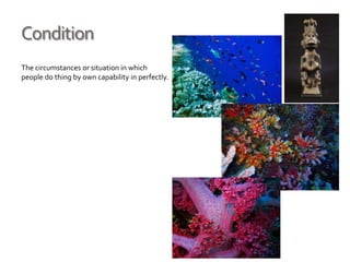 Condition
The circumstances or situation in which
people do thing by own capability in perfectly.
 