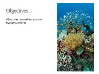 Objectives…
Objectives : something you are
trying to achieves
 