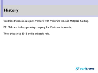 Veritrans Indonesia is a joint Venture with Veritrans Inc. and Midplaza holding.
PT. Midtrans is the operating company for Veritrans Indonesia.
They exist since 2012 and is privately held.
History
 
