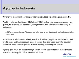 AyoPay is a payment service provider specialized in online game credit.
AyoPay helps to distribute MOLPoints, MOL’s online micropayment system for
games, to over 40,000 channels (like cybercafes and convenience retailers) in
Indonesia.
MOLPoints are used across Friendster, and other sites, to buy virtual goods and make other online
transactions.
In markets like Indonesia, where less than 1 million people are estimated to own
credit cards and bank account usage is lower than the west, over-the-counter
credit for Web services (which is what AyoPay provides) are crucial.
AyoPay give MOL an outlet through which to win the custom of those that are
unable to use regular online payment services.
Ayopay in Indonesia
 