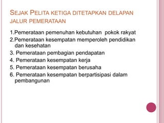 SEJAK PELITA KETIGA DITETAPKAN DELAPAN
JALUR PEMERATAAN
1.Pemerataan pemenuhan kebutuhan pokok rakyat
2.Pemerataan kesempatan memperoleh pendidikan
dan kesehatan
3. Pemerataan pembagian pendapatan
4. Pemerataan kesempatan kerja
5. Pemerataan kesempatan berusaha
6. Pemerataan kesempatan berpartisipasi dalam
pembangunan

 