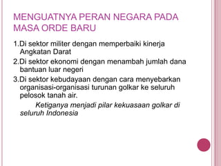 MENGUATNYA PERAN NEGARA PADA
MASA ORDE BARU
1.Di sektor militer dengan memperbaiki kinerja
Angkatan Darat
2.Di sektor ekonomi dengan menambah jumlah dana
bantuan luar negeri
3.Di sektor kebudayaan dengan cara menyebarkan
organisasi-organisasi turunan golkar ke seluruh
pelosok tanah air.
Ketiganya menjadi pilar kekuasaan golkar di
seluruh Indonesia

 