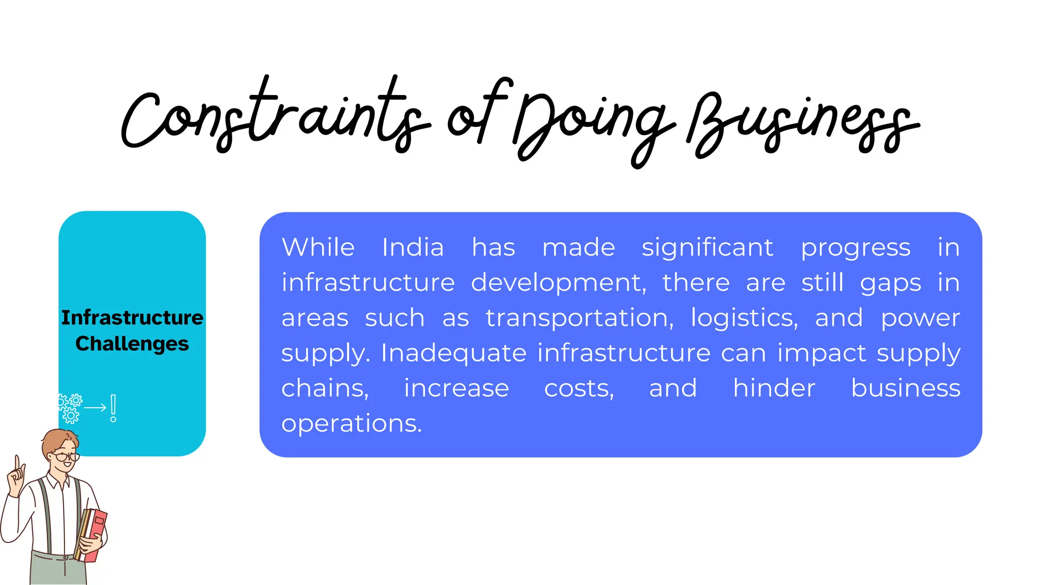 While India has made significant progress in
infrastructure development, there are still gaps in
areas such as transportation, logistics, and power
supply. Inadequate infrastructure can impact supply
chains, increase costs, and hinder business
operations.
Constraints of Doing Business
Infrastructure
Challenges
 