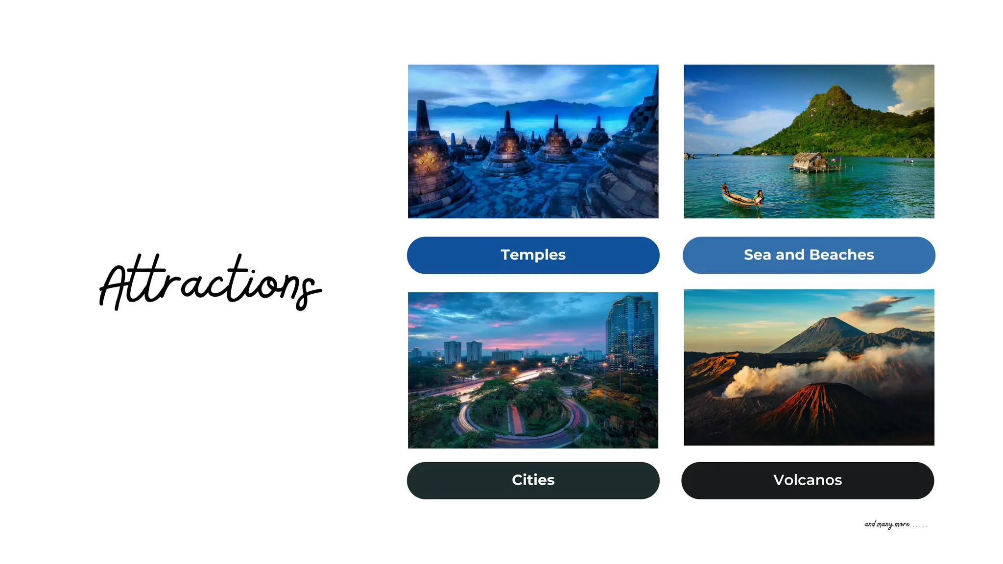 Temples Sea and Beaches
Cities Volcanos
Attractions
and many more......
 