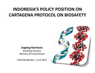 INDONESIA’S POLICY POSITION ON
CARTAGENA PROTOCOL ON BIOSAFETY




      Sugeng Harmono
        Biosafety Division
     Ministry of Environment

   Hotel Borobudur, 1 Juni 2011
 