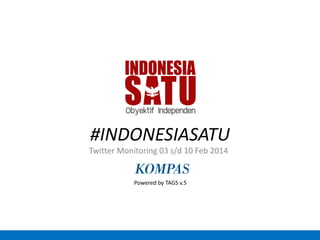 #INDONESIASATU
Twitter Monitoring 03 s/d 10 Feb 2014
Powered by TAGS v.5
 