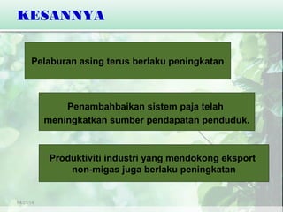 04/27/14
KESANNYA
Pelaburan asing terus berlaku peningkatan
Penambahbaikan sistem paja telah
meningkatkan sumber pendapatan penduduk.
Produktiviti industri yang mendokong eksport
non-migas juga berlaku peningkatan
 