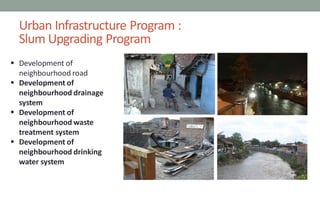  Development of
neighbourhood road
 Development of
neighbourhood drainage
system
 Development of
neighbourhood waste
treatment system
 Development of
neighbourhood drinking
water system
Urban Infrastructure Program :
Slum Upgrading Program
 