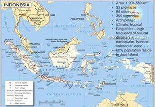 • Area: 1,904,569 km2
• 33 provinces
• 98 cities
• 399 regencies
• Archipelago
• Climate: tropical
• Ring of fire – high
frequency of natural
disasters –
earthquake, tsunami,
volcano eruption
• 60% population reside
in Java Island
 