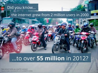 Did you know...
the internet grew from 2 million users in 2000

...to over 55 million in 2012?
New social media as a tool ...
