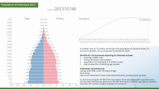Українська зернова асоціація
Ukrainian Grain Association
Population of Indonesia 2017
A middle class of 74 million more than the population of Ukraine drives it's
economic growth, this is projected to double by 2020.
Benefits for UA businesses exporting to Indonesia include:
• growing middle class
• strong domestic consumption
• population increasing by 4.5 million a year
• high proportion of working age people
Indonesian consumers are:
young, with 60% under 30 years of age
tech savvy
open and interested in new international brands, products and services
In 2014 accounting for 44.8% of the total labour force was employed on service sector,
this has been followed by agriculture (34.3%) and industry (20.9%). Agriculture, however,
had been the country's largest employer for centuries.
 