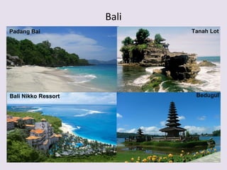 Bali
Padang Bai                  Tanah Lot

                             Tanah Lot




Bali Nikko Ressort           Bedugul
Sanur
 