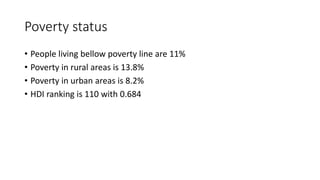 Poverty status
• People living bellow poverty line are 11%
• Poverty in rural areas is 13.8%
• Poverty in urban areas is 8.2%
• HDI ranking is 110 with 0.684
 