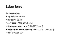 Labor force
by occupation:
• agriculture: 38.9%
• industry: 13.2%
• services: 47.9% (2012 est.)
• Unemployment rate: 5.5% (2015 est.)
• Population below poverty line: 11.3% (2014 est.)
• HDI (2015) 0.684
 