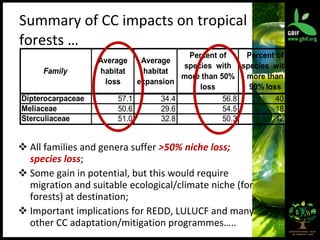Summary of CC impacts on tropical forests … All families and genera suffer  >50% niche loss; species loss ; Some gain in potential, but this would require migration and suitable ecological/climate niche (for forests) at destination; Important implications for REDD, LULUCF and many other CC adaptation/mitigation programmes….. 