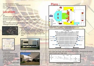 Founder: Dr Jamshed J Bhabha
Architect: Philip Johnson and Patel Batliwala associates
year: 1959
capacity: 1109 person
Location:
Site:
The NCPA complex occupies an area of about 3200 m2 at nariman point
And land reclaimed from the sea.
The site can be accessed through 6 gates, the side is divided into 6 major
Blocks
Apart from these, parking spaces A.c plants, staff quarters and electric
substations Occupy this site
A-Tata theater
B- Jamshed bhabha theater
C- Main Administrative office
D-teaching and research block
E-experimental theater
F-Godrej dance academy theater
G-open Air Plaza
R-residence ( staff, guest rooms)
with gates
Neighborhood:
• This site is located in the commercial area
• NCPA is surrounded by hotel, Malls,Offfices
• Other important landmarks is the Mantralya
• Heritage buildings of churchgate station is 1km
away
Plans :
Ticket
Entrance
Staircase
Foyer
Snack counter
Toilet
lifts
This plan shows the auditorium layout with specified zones
Door 3
Door 2
Door 1
Door 6
Door 5
Door 4
Foyer entry exit 1 Foyer entry exit 2
Orchestra pit
Plan 2 shows the theater with chairs distribution and exists , knowing that this theater
Have 6 fire exists and 2 foyer exists
Chairs section with full dimension
 