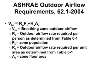ASHRAE Outdoor Airflow 
Requirements, 62.1-2004 
• Vbz = RpPz+RaAz 
o Vbz = Breathing zone outdoor airflow 
o Rp = Outdoor airflow rate required per 
person as determined from Table 6-1 
o Pz = zone population 
o Ra = Outdoor airflow rate required per unit 
area as determined from Table 6-1 
o Az = zone floor area 
 