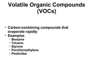 Volatile Organic Compounds 
(VOCs) 
• Carbon-containing compounds that 
evaporate rapidly 
• Examples 
o Benzene 
o Toluene 
o Styrene 
o Perchloroethylene 
o Pesticides 
 