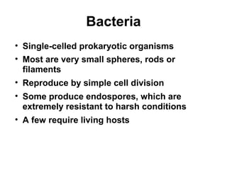 Bacteria 
• Single-celled prokaryotic organisms 
• Most are very small spheres, rods or 
filaments 
• Reproduce by simple cell division 
• Some produce endospores, which are 
extremely resistant to harsh conditions 
• A few require living hosts 
 
