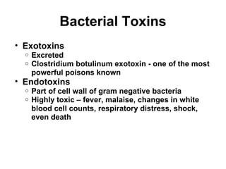 Bacterial Toxins 
• Exotoxins 
o Excreted 
o Clostridium botulinum exotoxin - one of the most 
powerful poisons known 
• Endotoxins 
o Part of cell wall of gram negative bacteria 
o Highly toxic – fever, malaise, changes in white 
blood cell counts, respiratory distress, shock, 
even death 
 