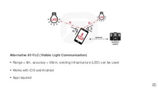 Alternative #3 VLC (Visible Light Communication)
 Range < 8m, accuracy < 50cm, existing infrastructure (LED) can be used
 Works with iOS and Android
 App required
 