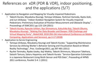 References on xDR (PDR & VDR), indoor positioning,
and the applications (5/7)
• Application to Navigation and Mapping for Visually-Impaired Pedestrians
• Takeshi Kurata, Masakatsu Kourogi, Tomoya Ishikawa, Yoshinari Kameda, Kyota Aoki,
and Jun Ishikawa: “Indoor-Outdoor Navigation System for Visually-Impaired
Pedestrians: Preliminary Evaluation of Position Measurement and Obstacle Display”.
Proceedings of ISWC2011 pp.123-124 (2011)
• Takeshi Kurata, Ryosuke Ichikari, Ryo Shimomura, Katsuhiko Kaji, Takashi Okuma,
Masakatsu Kourogi: “Making Pier Data Broader and Deeper: PDR Challenge and
Virtual Mapping Party“, MobiCASE 2018 (9th EAI International Conference on Mobile
Computing, Applications and Services), pp.3-17 (2018)
• Application to Servie Engineering
• Tomoya Ishikawa, Masakatsu Kourogi and Takeshi Kurata: “Supporting Maintenance
Services by Utilizing Worker‘s Behavior Sensing and Visualization Based on Mixed-
Reality Technology“, Proc. EcoDesign2011, pp.397-401 (2011)
• Ryuhei Tenmoku, Ryoko Ueoka, Koji Makita, Takeshi Shimmura, Masanori Takehara,
Satoshi Tamura, Satoru Hayamizu and Takeshi Kurata: “Service-Operation Estimation
in a Japanese Restaurant Using Multi-Sensor and POS Data“, Proceeding of APMS
2011 conference, Parallel 3-4: 1 (2011)
 