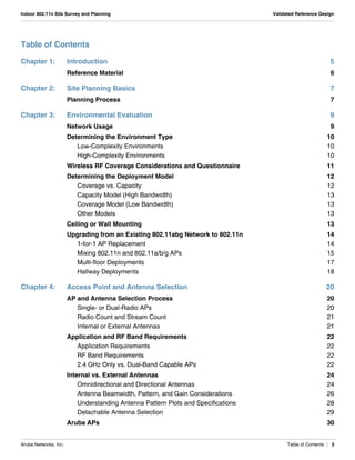 Aruba Networks, Inc. Table of Contents | 3
Indoor 802.11n Site Survey and Planning Validated Reference Design
Table of Contents
Chapter 1: Introduction 5
Reference Material 6
Chapter 2: Site Planning Basics 7
Planning Process 7
Chapter 3: Environmental Evaluation 9
Network Usage 9
Determining the Environment Type 10
Low-Complexity Environments 10
High-Complexity Environments 10
Wireless RF Coverage Considerations and Questionnaire 11
Determining the Deployment Model 12
Coverage vs. Capacity 12
Capacity Model (High Bandwidth) 13
Coverage Model (Low Bandwidth) 13
Other Models 13
Ceiling or Wall Mounting 13
Upgrading from an Existing 802.11abg Network to 802.11n 14
1-for-1 AP Replacement 14
Mixing 802.11n and 802.11a/b/g APs 15
Multi-floor Deployments 17
Hallway Deployments 18
Chapter 4: Access Point and Antenna Selection 20
AP and Antenna Selection Process 20
Single- or Dual-Radio APs 20
Radio Count and Stream Count 21
Internal or External Antennas 21
Application and RF Band Requirements 22
Application Requirements 22
RF Band Requirements 22
2.4 GHz Only vs. Dual-Band Capable APs 22
Internal vs. External Antennas 24
Omnidirectional and Directional Antennas 24
Antenna Beamwidth, Pattern, and Gain Considerations 26
Understanding Antenna Pattern Plots and Specifications 28
Detachable Antenna Selection 29
Aruba APs 30
 