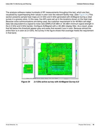 Aruba Networks, Inc. Physical Site Survey | 48
Indoor 802.11n Site Survey and Planning Validated Reference Design
The analysis software makes hundreds of RF measurements throughout the test, which are then
visualized by superimposing their values in color over the relevant facility map. (See Figure 34.) This
section presents sample heat maps at 2.4 GHz and 5 GHz generated with AirMagnet during a retail
survey in a grocery store. In this case, five APs were set up in the locations shown on the heat map.
Because voice communications are being used, the customer requirement is for 48 Mb/s cell edge
data rate (equivalent to a signal-to-noise ratio [SNR] of 20 dBm or -65 dBm minimum signal strength in
the 2.4 GHz and 5 GHz bands). Configure AirMagnet with a -65 dBm display filter. As a result, areas
that fall below this threshold appear gray and areas that exceed it are in color. Because almost the
entire floor is in color at 2.4 GHz, the survey in the figure shows that coverage meets the requirement
in that band.
Figure 34 2.4 GHz active survey with AirMagnet Survey 6.0
 