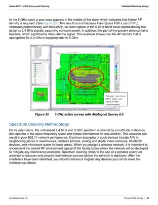 Aruba Networks, Inc. Physical Site Survey | 49
Indoor 802.11n Site Survey and Planning Validated Reference Design
In the 5 GHz band, a gray area appears in the middle of the store, which indicates that higher AP
density is required. (See Figure 35.) This result occurs because Free Space Path Loss (FSPL)
increases proportionally with frequency, so radio signals in the 5 GHz band travel approximately half
as far as 2.4 GHz signals, assuming constant power. In addition, this part of the grocery store contains
freezers, which significantly attenuate the signal. This example shows how the AP density that is
appropriate for 2.4 GHz is inappropriate for 5 GHz.
Figure 35 5 GHz active survey with AirMagnet Survey 6.0
Spectrum Clearing Methodology
By its very nature, the unlicensed 2.4 GHz and 5 GHz spectrum is shared by a multitude of devices
that operate in the same frequency space and create interference for one another. This situation can
result in poor 802.11 network performance. Common examples of such devices include APs in
neighboring stores or warehouses, cordless phones, analog and digital video cameras, Bluetooth
devices, and microwave ovens in break areas. When you design a wireless network, it is important to
understand the overall RF environment typical of the facility types where the network will be deployed
to mitigate any interference problems. Spectrum clearing refers to the use of a portable spectrum
analyzer to discover and pinpoint interference sources before the network is deployed. After the
interferers have been identified, you should remove or migrate any devices you can to lower the
interference effects.
 
