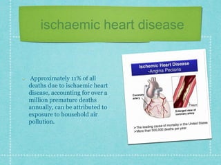 ischaemic heart disease
Approximately 11% of all
deaths due to ischaemic heart
disease, accounting for over a
million premature deaths
annually, can be attributed to
exposure to household air
pollution.
 