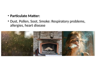 • Particulate Matter:
• Dust, Pollen, Soot, Smoke: Respiratory problems,
allergies, heart disease
 