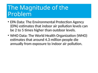 The Magnitude of the
Problem
• EPA Data: The Environmental Protection Agency
(EPA) estimates that indoor air pollution levels can
be 2 to 5 times higher than outdoor levels.
• WHO Data: The World Health Organization (WHO)
estimates that around 4.3 million people die
annually from exposure to indoor air pollution.
 