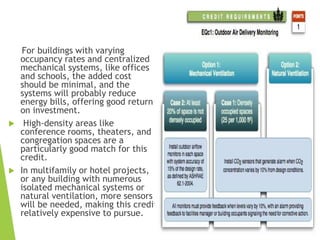 For buildings with varying
occupancy rates and centralized
mechanical systems, like offices
and schools, the added cost
should be minimal, and the
systems will probably reduce
energy bills, offering good return
on investment.
 High-density areas like
conference rooms, theaters, and
congregation spaces are a
particularly good match for this
credit.
 In multifamily or hotel projects,
or any building with numerous
isolated mechanical systems or
natural ventilation, more sensors
will be needed, making this credit
relatively expensive to pursue.
 