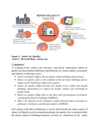 Image 1; Indoor Air Quality;
Source; Microsoft Bing ; vistaza.com
2. Definition;
2.1 Looking at the context, role, relevance and critical implications, indoor air
quality has been defined, differently and distinctly, by various authors, researchers
and scholars in following terms ;
 Indoor air quality (IAQ) is the air quality within buildings and structures.
 Indoor air quality refers to the condition of the air inside buildings and its
impact on the health and comfort of occupants.
 Indoor air quality (IAQ) describes the quality of air within and around
buildings, particularly as it affects the health, comfort, and well-being of
people inside.
 Indoor air quality (IAQ) refers to the types and concentrations of airborne
contaminants found in buildings.(ASHRAE)
 IAQ is the measure of air cleanliness inside enclosed spaces, focusing on
pollutants, ventilation, and thermal comfort. (ASHRAE)
2.2 Looking at the above definitions, it can be observed that the entire context of
indoor Air Quality revolves around determining the quality of air contained within
the interior spaces of buildings/structures in terms of ; cleanliness of air; extent
 