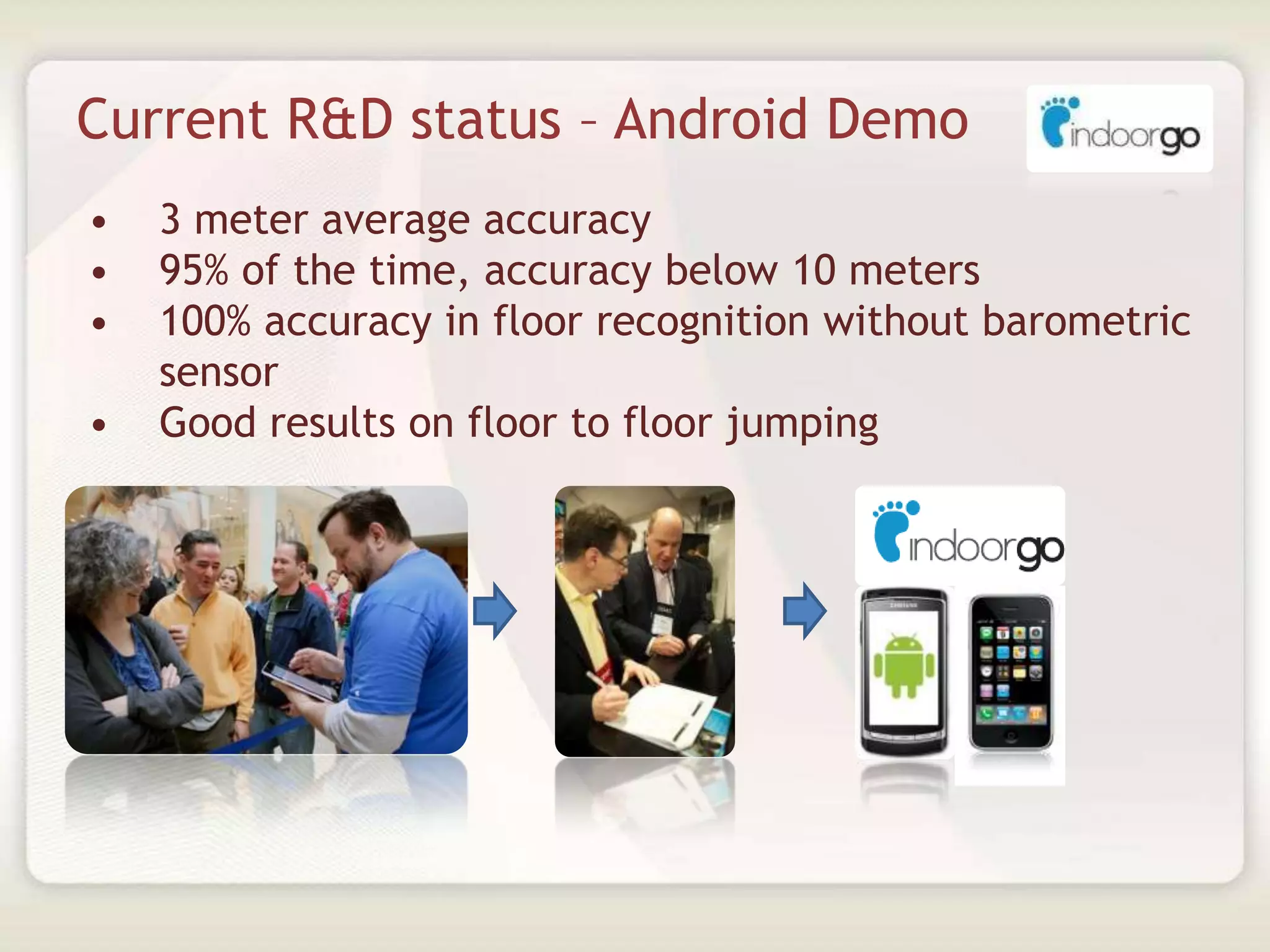 Current R&D status – Android Demo
• 3 meter average accuracy
• 95% of the time, accuracy below 10 meters
• 100% accuracy in floor recognition without barometric
sensor
• Good results on floor to floor jumping
 