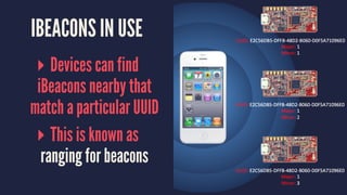 IBEACONS IN USE
▸ Devices can find
iBeacons nearby that
match a particular UUID
▸ This is known as
ranging for beacons
 