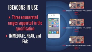 IBEACONS IN USE
▸ Three enumerated
ranges supported in the
specification
▸ IMMEDIATE, NEAR, and
FAR
 