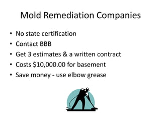 Mold Remediation Companies
• No state certification
• Contact BBB
• Get 3 estimates & a written contract
• Costs $10,000.00 for basement
• Save money - use elbow grease
 