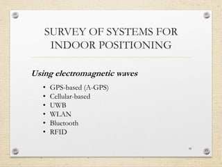 SURVEY OF SYSTEMS FOR
INDOOR POSITIONING
18
Using electromagnetic waves
• GPS-based (A-GPS)
• Cellular-based
• UWB
• WLAN
• Bluetooth
• RFID
 