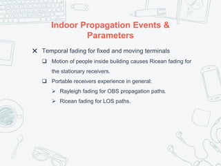 Indoor Propagation Events &
Parameters
✖ Temporal fading for fixed and moving terminals
 Motion of people inside building causes Ricean fading for
the stationary receivers.
 Portable receivers experience in general:
 Rayleigh fading for OBS propagation paths.
 Ricean fading for LOS paths.
 