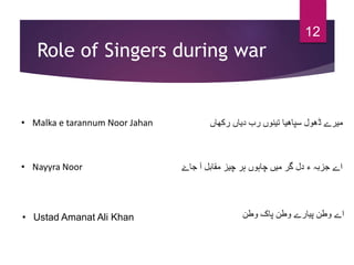 Role of Singers during war
12
• Malka e tarannum Noor Jahan ‫رکھاں‬ ‫دیاں‬ ‫رب‬ ‫تینوں‬ ‫سپاھیا‬ ‫ڈھول‬ ‫میرے‬
• Nayyra Noor ‫جاۓ‬ ‫آ‬ ‫مقابل‬ ‫چیز‬ ‫ہر‬ ‫چاہوں‬ ‫میں‬ ‫گر‬ ‫دل‬ ‫ء‬ ‫جزبہ‬ ‫اے‬
• Ustad Amanat Ali Khan ‫وطن‬ ‫پاک‬ ‫وطن‬ ‫پیارے‬ ‫وطن‬ ‫اے‬
 