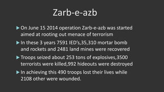 Zarb-e-azb
 On June 15 2014 operation Zarb-e-azb was started
aimed at rooting out menace of terrorism
 In these 3 years 7591 IED’s,35,310 mortar bomb
and rockets and 2481 land mines were recovered
 Troops seized about 253 tons of explosives,3500
terrorists were killed,992 hideouts were destroyed
 In achieving this 490 troops lost their lives while
2108 other were wounded.
 