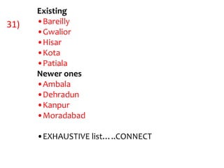 Existing
31)   •Bareilly
      •Gwalior
      •Hisar
      •Kota
      •Patiala
      Newer ones
      •Ambala
      •Dehradun
      •Kanpur
      •Moradabad

      •EXHAUSTIVE list…..CONNECT
 